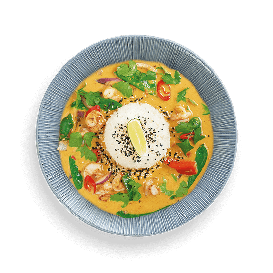 Prawn Raisukaree curry with coconut sauce, red peppers, mangetout and steamed jasmine rice